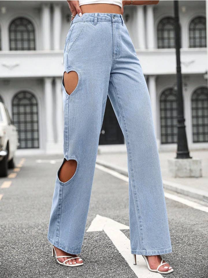 Azul Jeans retro andrajosos vaqueros de cintura alta y pernera ancha para mujer de venta al por mayor en Faire1