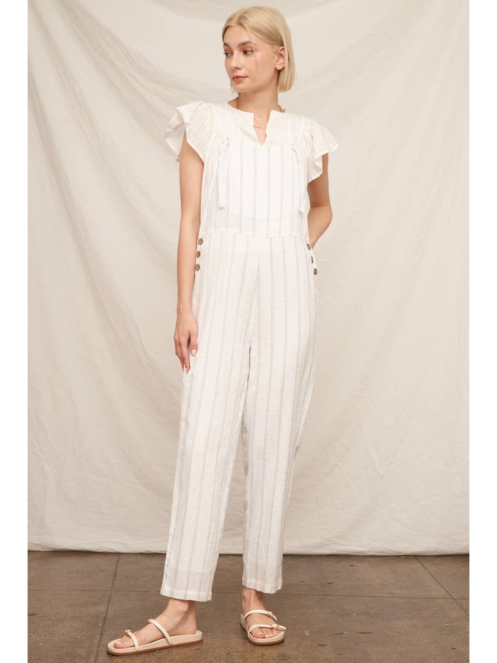 White Blue Cropped Striped Overall Jumpsuit for wholesale on Faire