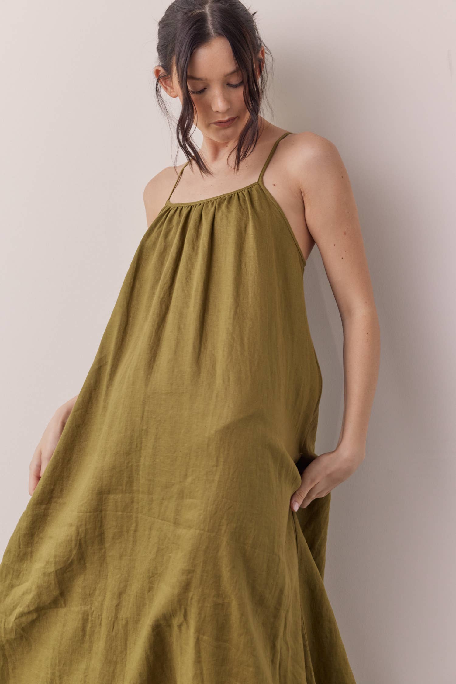 M Green Linen back tie ankle dress for wholesale on Faire4