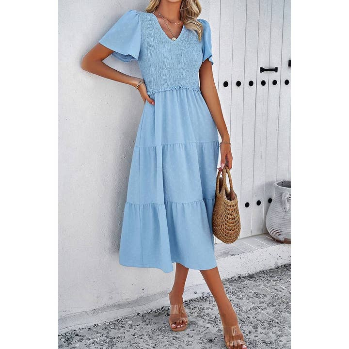Shoppe247 – Engroshandel Kjole - Dame – Swiss Dot Ruched Color Block V-hals flæsekjole
