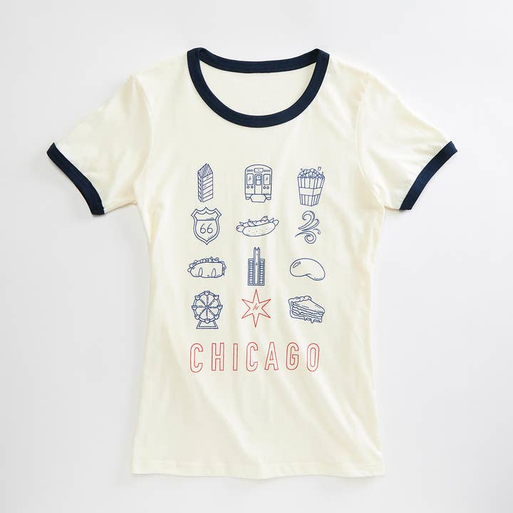 Chicago City Icon Hvid/Navy Dame Ringer T-shirt for engroshandel hos Orchard Street Apparel