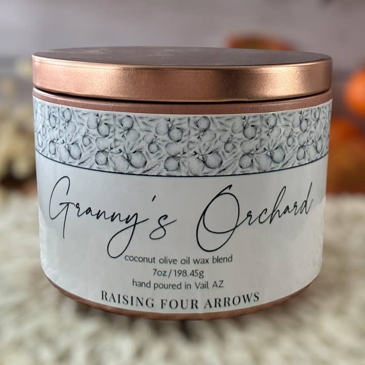 Granny's Orchard Candle Tin for wholesale by Raising Four Arrows