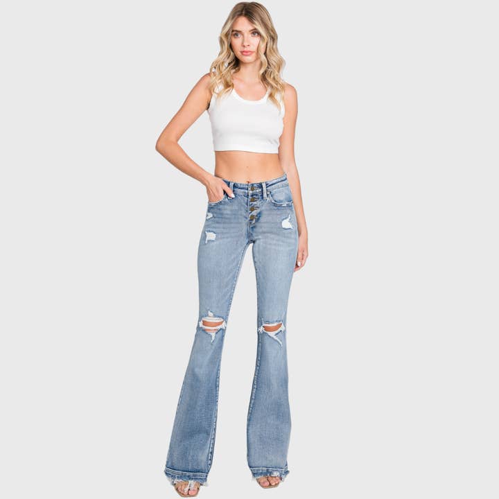 Petra153 - Wholesale Jeans - Women's - P586MF-MD MID RISE STRETCH FLARE JEANWITH FRAYED TROUSER HEM