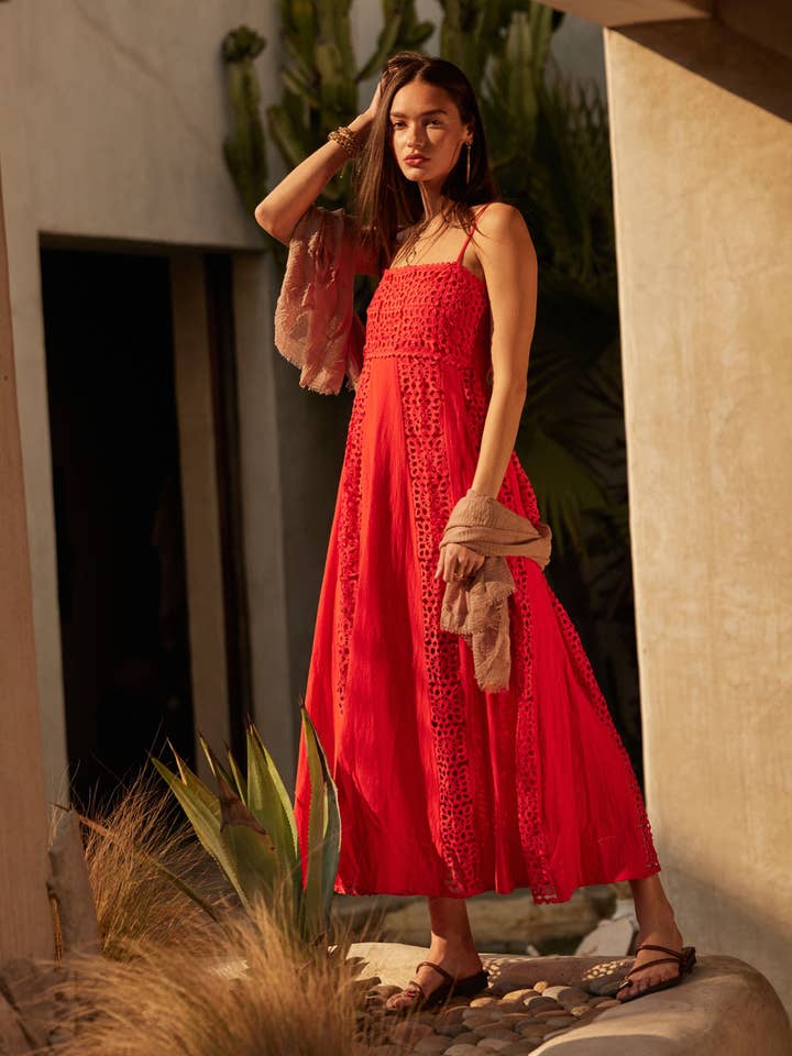 Crochet Lace and Crepe Paneled Maxi Dress for wholesale by Promesa USA