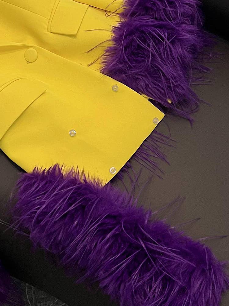 SY372 Yellow Blazer with Purple Feather Cuffs for wholesale on Faire8