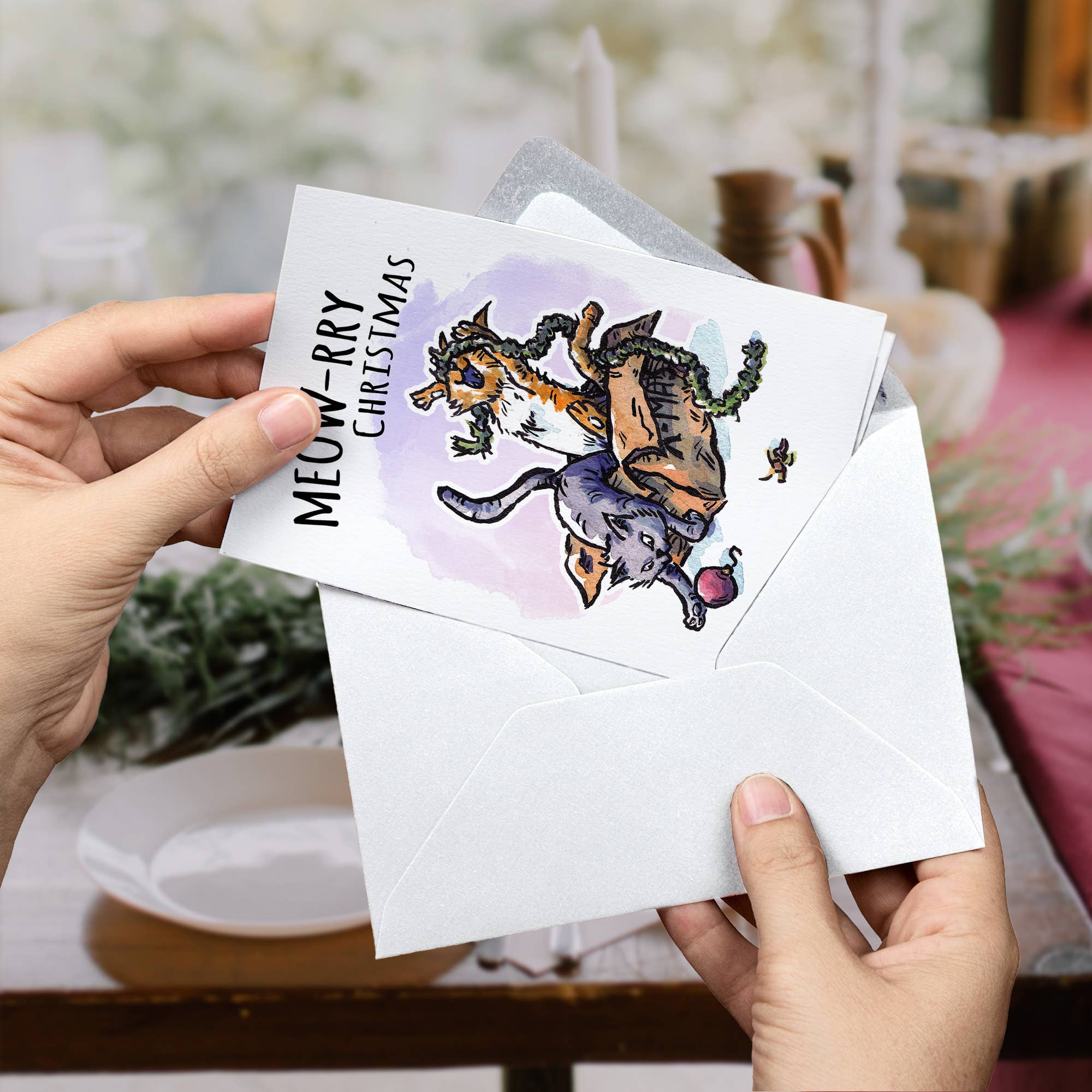 Aaron Millard Illustration - Vendita all'ingrosso Biglietti di auguri di Natale - «Meow-rry Christmas», simpatico biglietto di auguri per amanti dei gatti2