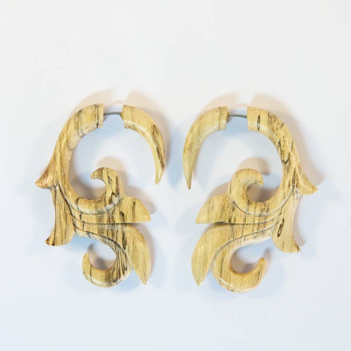 Ajmer by Jodi - Wholesale Dangle Earrings - Wood Fleur de Lis Faux Gauges ~ Fake gauged, carved wood3