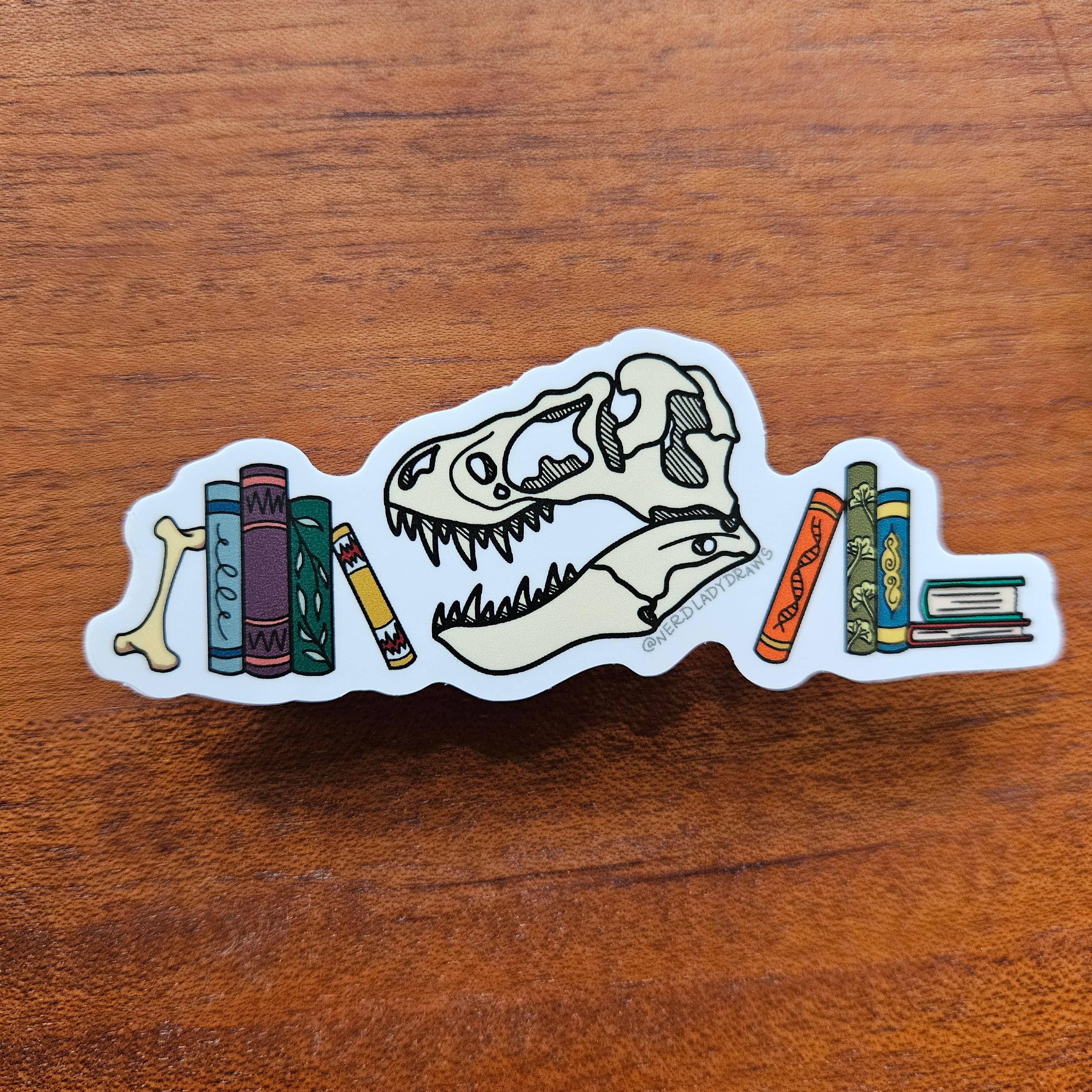 Nerd Lady Designs - Wholesale Phone & Laptop Stickers - Dinosaur Bookstack Sticker1