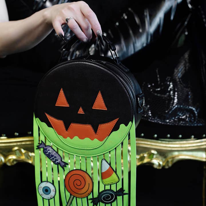 Weasel Wear - Wholesale Crossbody Bag - Women's - Mini Pumpkin Barf Bag - Faux-Leather Jack-o’-Lantern Fringe Purse with Neon Green “Pumpkin Guts” (Trick-or-Treat Gone Wrong Edition)