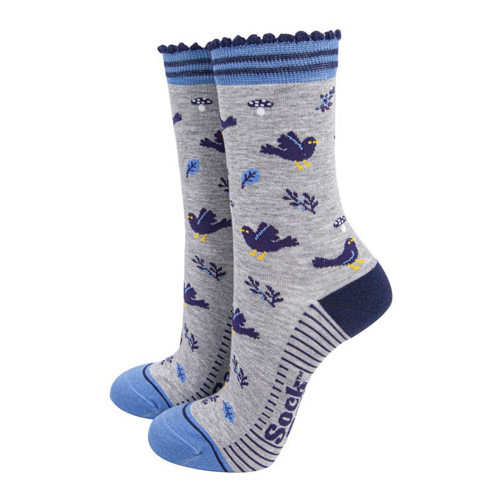 Women's Bamboo Socks - Light Grey/Denim Blue, Blackbirds for wholesale by Sock Talk