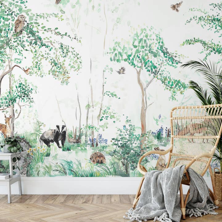 British Woodland Mural Wallpaper – Spring Forest Scene for wholesale by Katie Hipwell Design