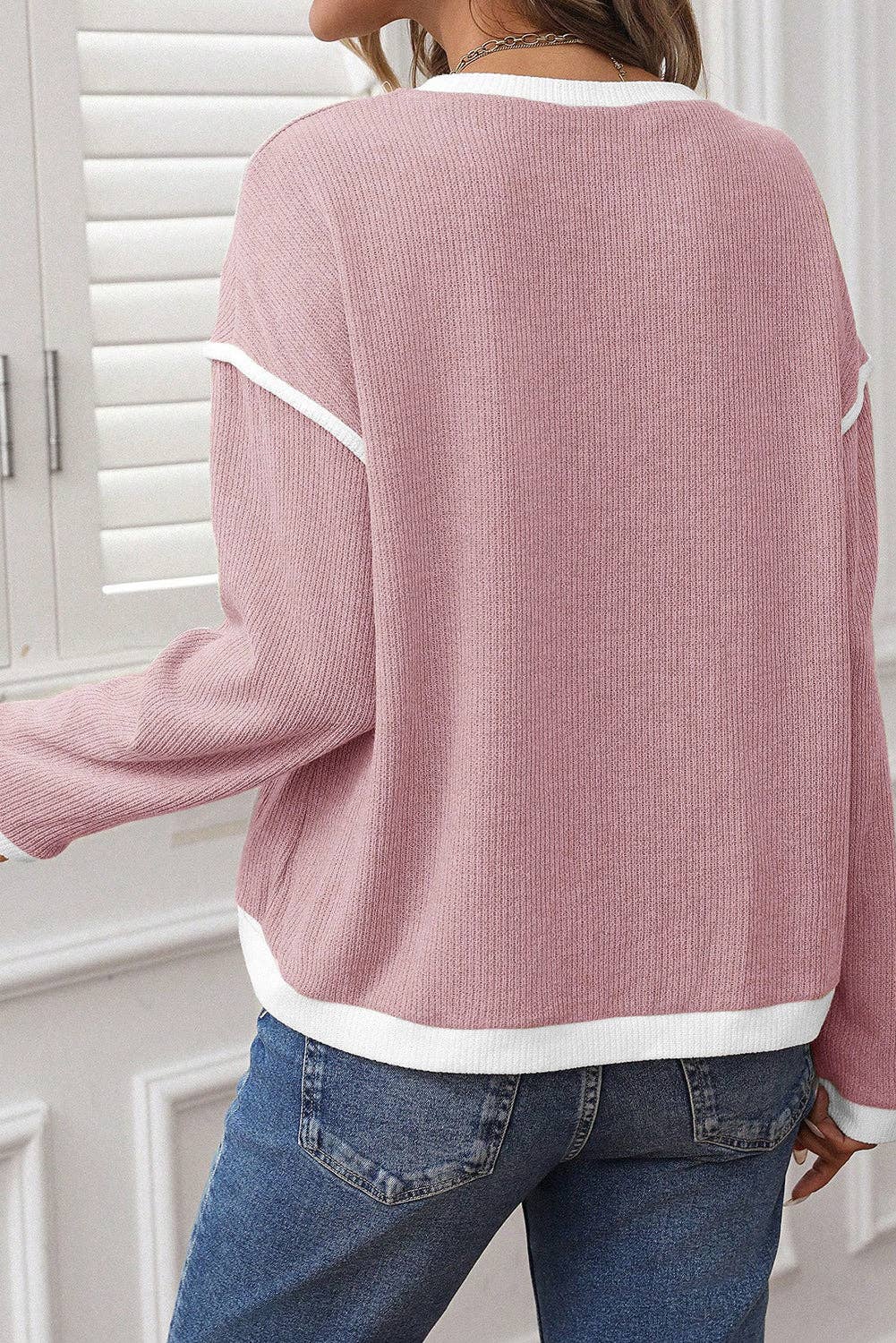 Light Pink Contrast Color Trim Knit Drop Shoulder Loose Top for wholesale on Faire1