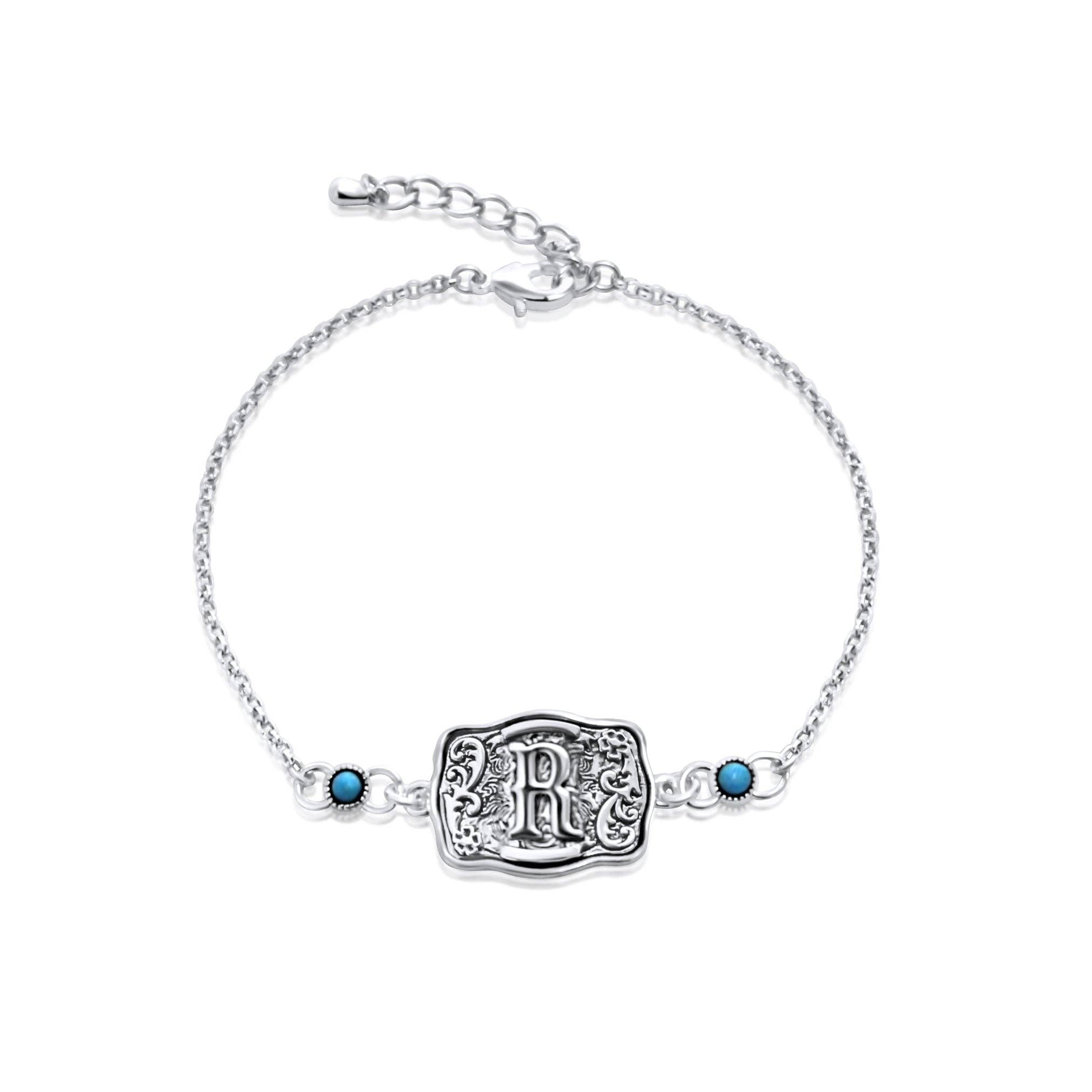 Snowing West - Wholesale Charm/Dangle Bracelet - Sterling Silver Western Belt Buckle Initial Bracelet with Genuine Kingman Turquoise12