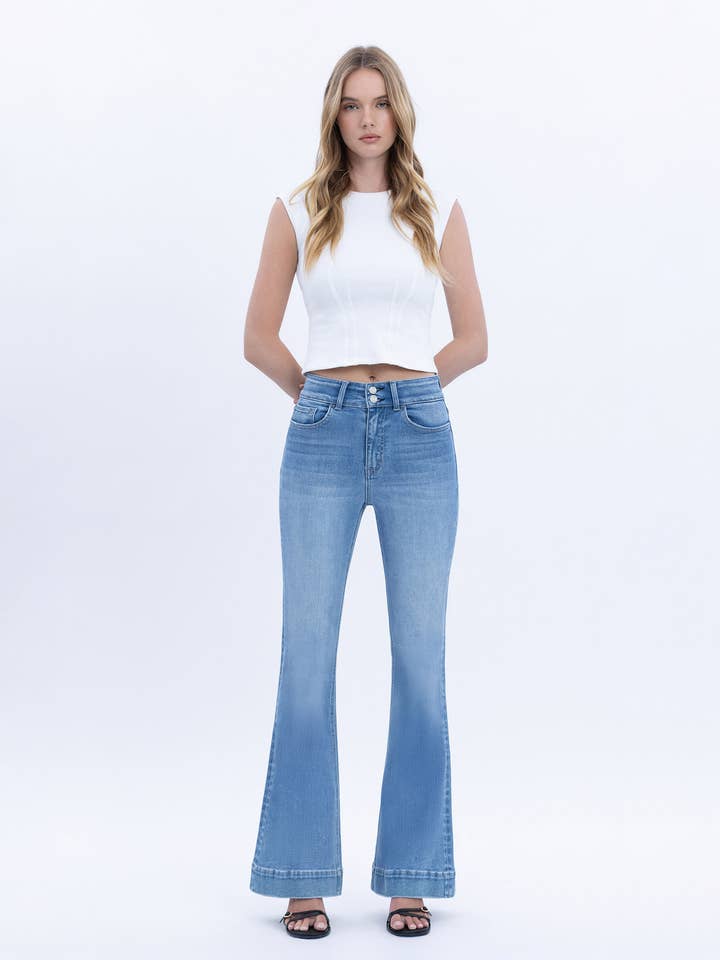 HIGH RISE FULL LENGTH FLARE JEANS T6972 for wholesale by VERVET by FLYING MONKEY