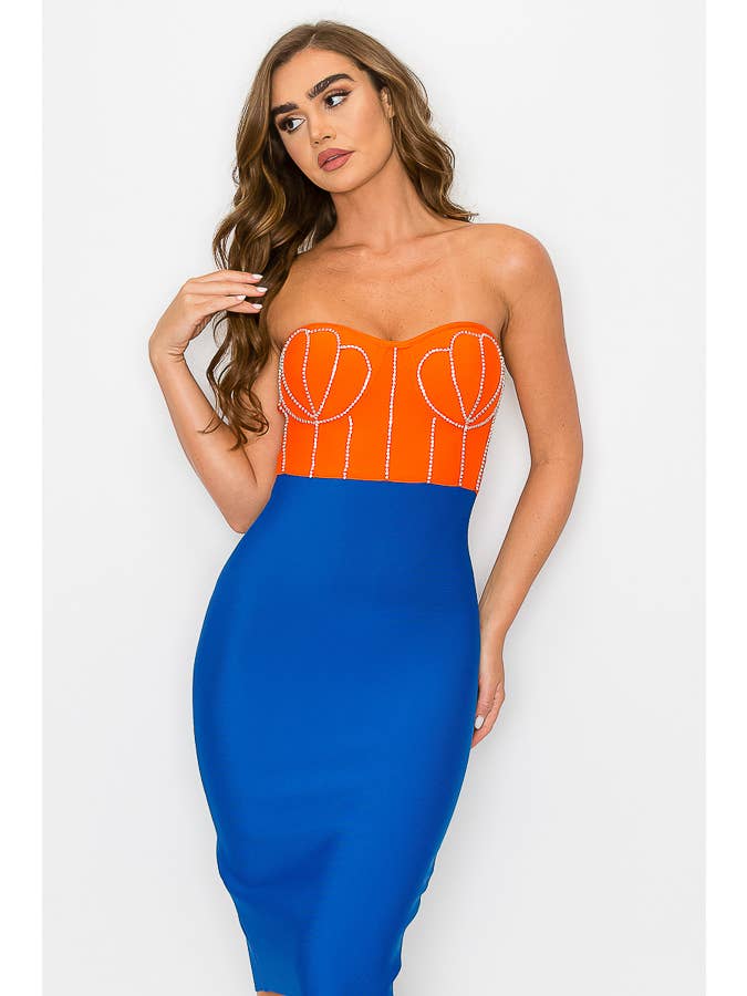 ORANGE/BLEU ROBE À BANDAGES À ÉPAULES DÉNUDÉES en vente sur Faire