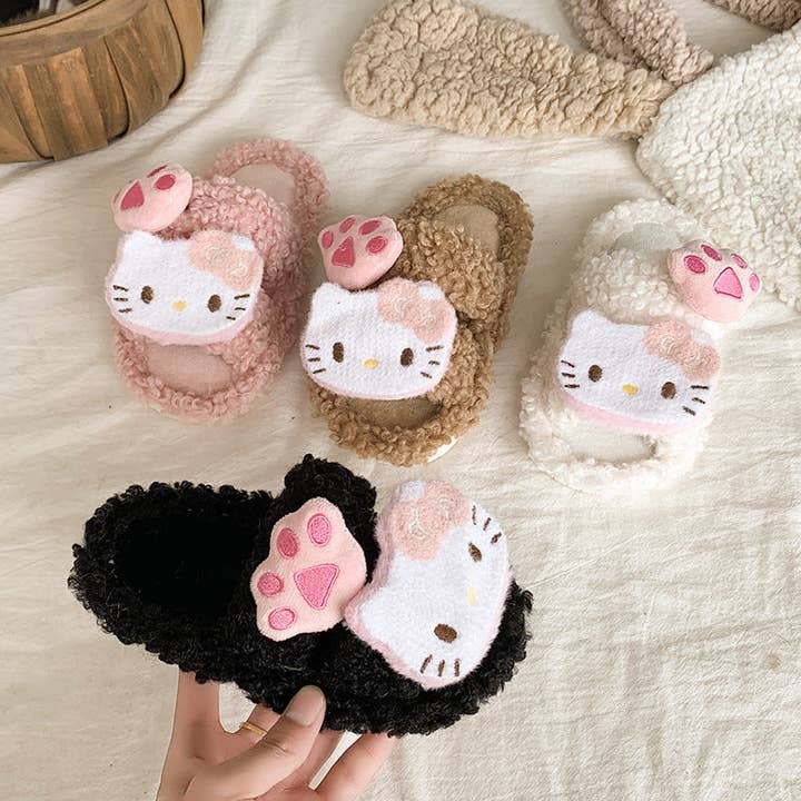 Cute kitty plush home slippers furry slippers for girls for wholesale by Little Trendy