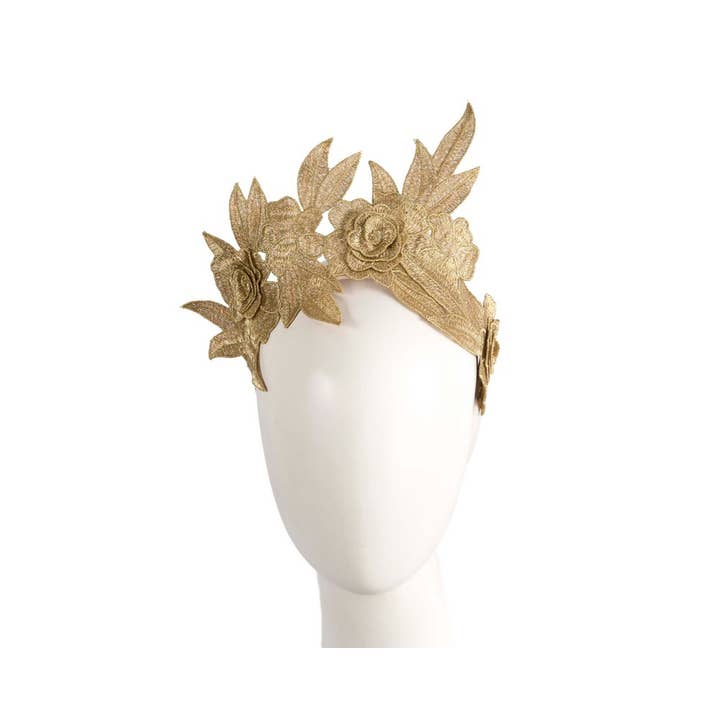 Gold lace crown fascinator headband for wholesale by Max Alexander by Cupids Millinery Melbourne