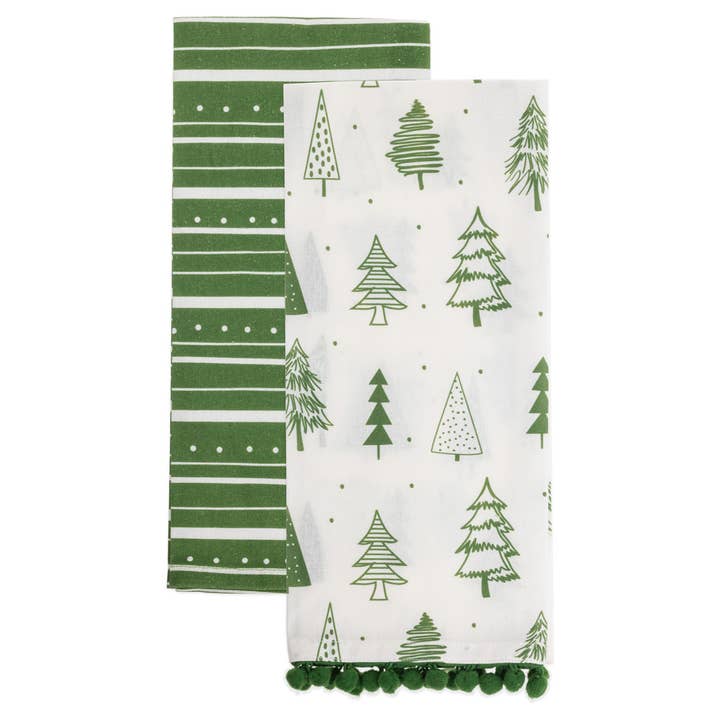 Boston International - Wholesale Tea Towel - Green Trees & Stripes Tea Towels S/2 Christmas