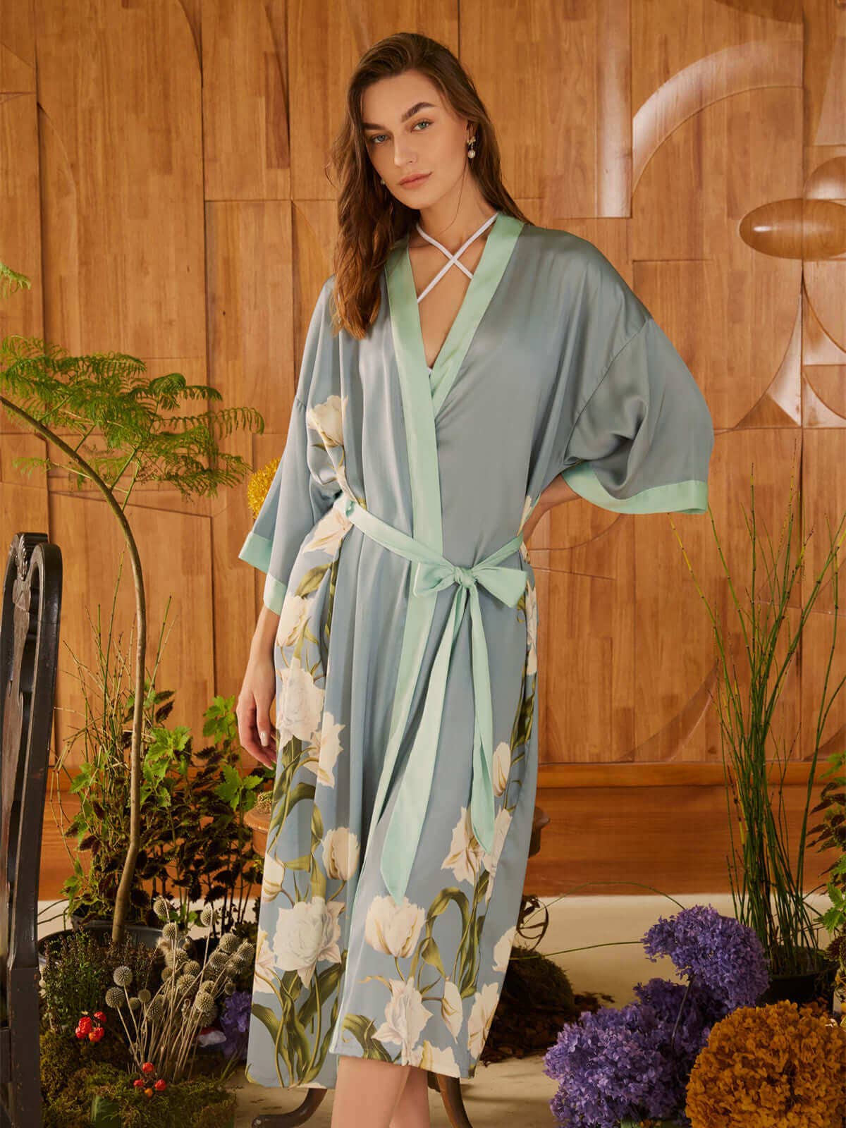 gray Peony Floral Kimono Robe for wholesale on Faire7