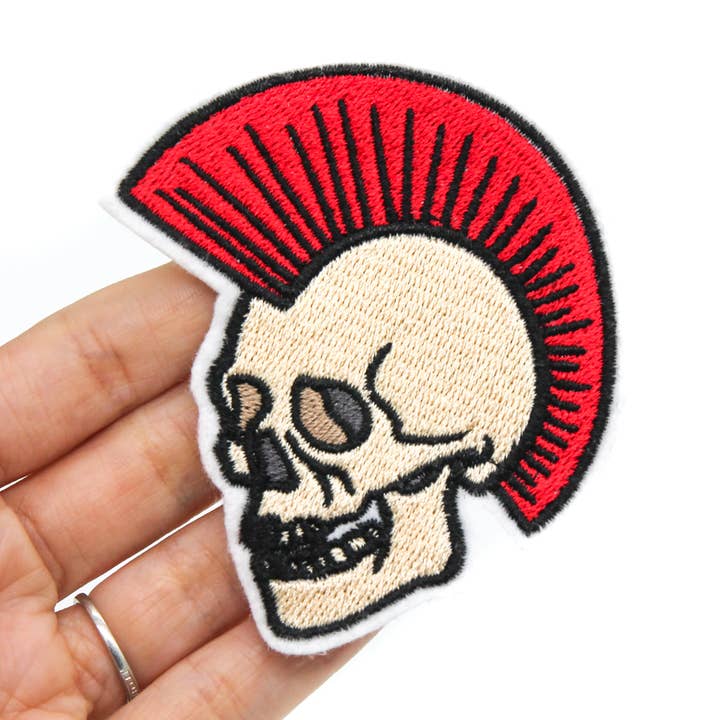Punk Mohawk Skull Iron On Embroidered Patch for wholesale by Project Pinup