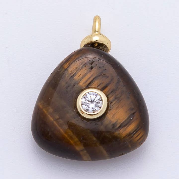 18K Gold Filled 20mm Round CZ Center Triangle Tiger Stone Gemstone Drop Charm | AF1317 for wholesale by Aim Eternal