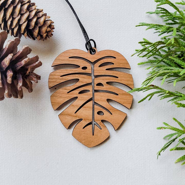 Wood Monstera Leaf Christmas Ornaments for wholesale by Leaf & Node
