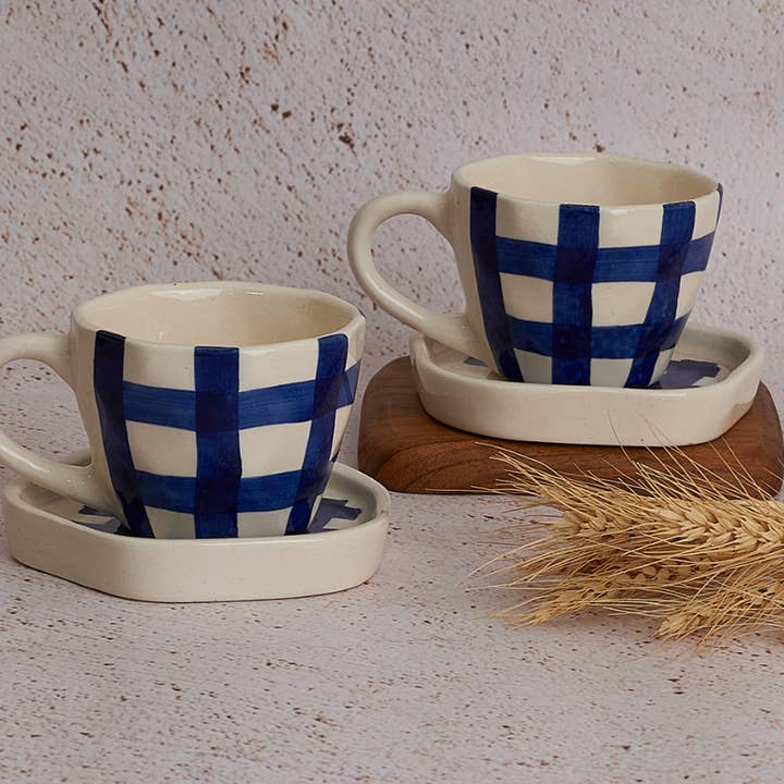 Casa Amarosa - Wholesale Coffee/Tea Cup - Gingham Check Cup and Saucer Set- Indigo