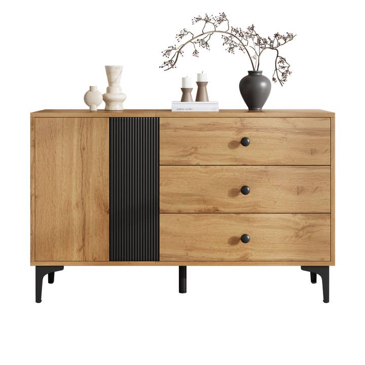 Buffet effet bois et noir avec rangements, pieds métal noir 120x35x76cm VIVIDICA pour la vente par Urban Meuble
