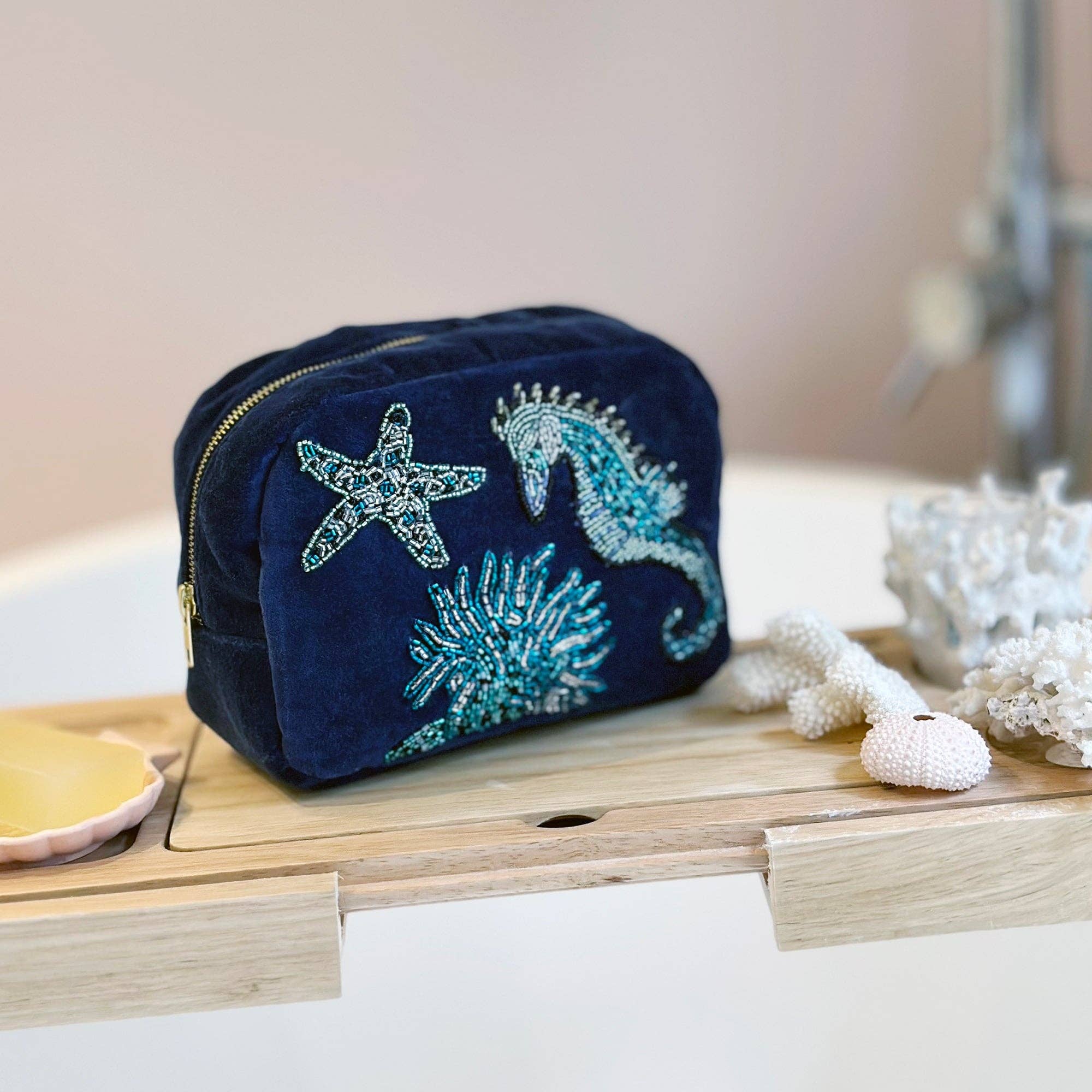 Cream Cornwall - Wholesale Makeup/Cosmetic Bag - Velvet Beaded Seahorse Cosmetic Bag3