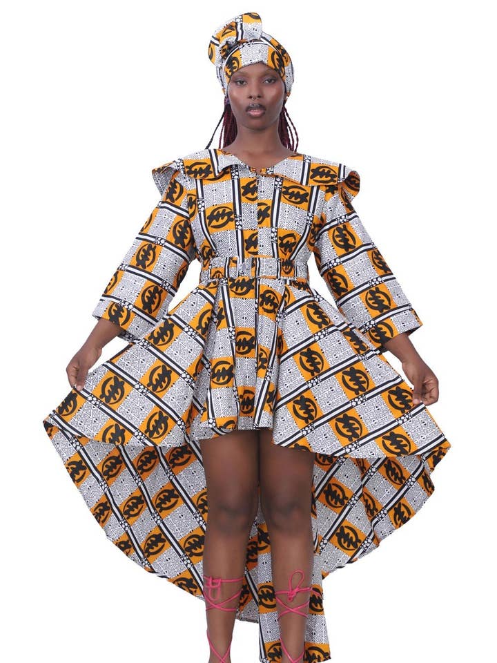 Robe asymétrique en wax avec ceinture assortie pour la vente par Advance Apparels