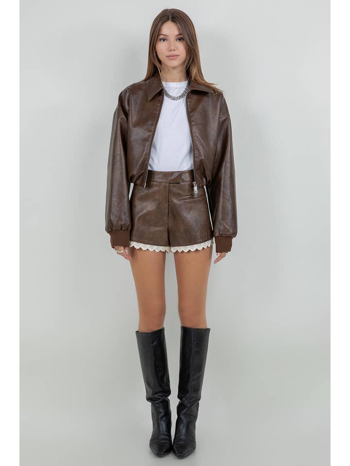 DARK BROWN FAUX LEATHER ZIP UP MOTO JACKET WITH MINI BUBBLE BOTTOM OPEN for wholesale on Faire3