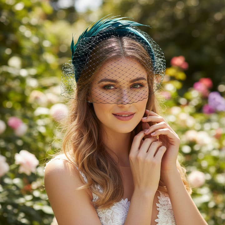 ATHENA COLLECTION - BIRDCAGE VEIL FASCINATOR - EMERALD for wholesale by Athena Bridal Jewellery