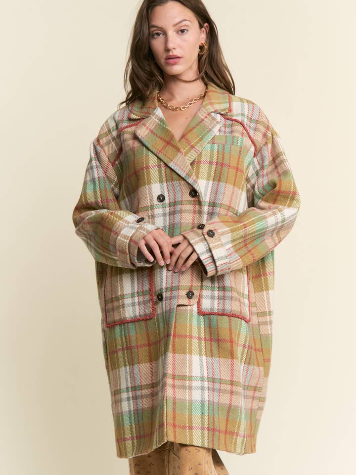 MUSTARD GREEN MUTLICOLOR PLAID COAT for wholesale on Faire4