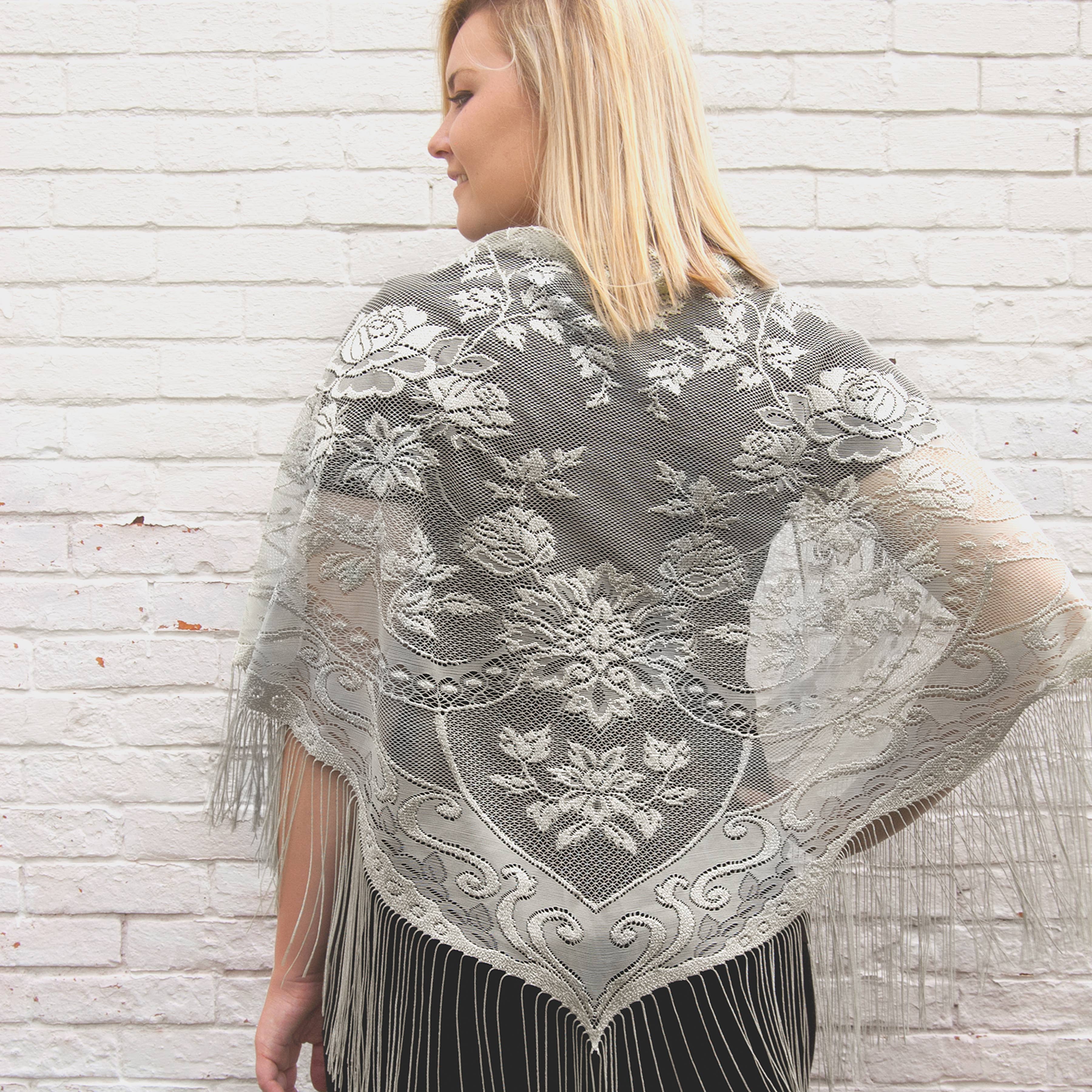 Heritage Lace - Wholesale Wrap - Women's - Allure Rose 80x38 Gray Black Lace Fringe Wrap Shawl2