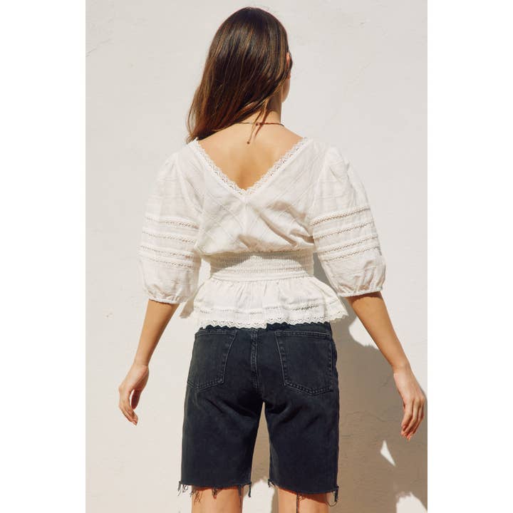 Dress Forum - Wholesale Blouse - Women's - Lacy Cotton Jacquard Smocked Waist Peplum Top