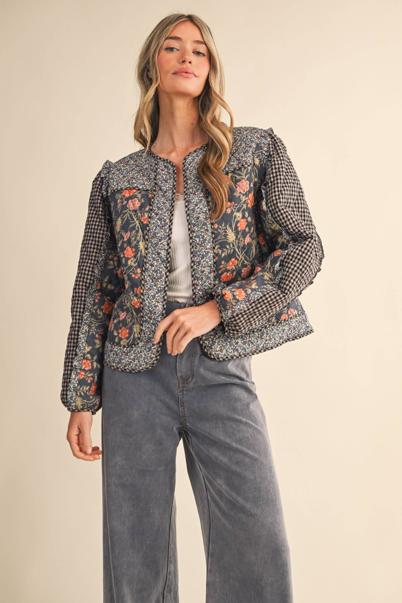 BURGUNDY MULTI MIXED PRINT QUILTED JACKET WITH RUFFLE TRIM MJK4531 for wholesale on Faire10