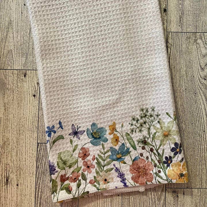 Watercolor Wildflowers Waffle Weave Dish Towel Tea Towel for wholesale by Prairie Chicken Sticker Shop & Gifts