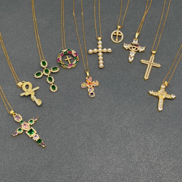 Mio Queena - Wholesale Pendant/Charm Necklace - Multi Style Rhinestone & CZ Cross Charm Golden Necklace