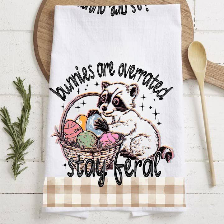 Funny Spring Kitchen Towels, Feral Raccoon Gingham Decor NEW for wholesale by Gia Roma