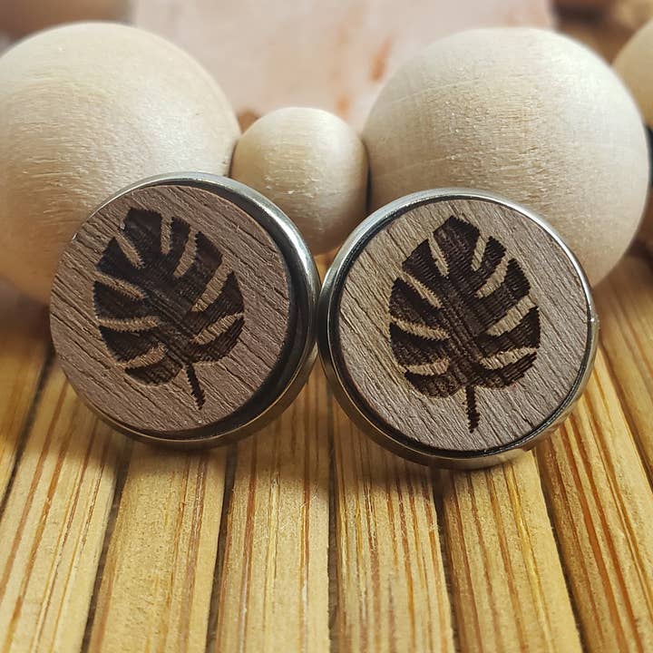 Tiny Monstera Wood Studs for wholesale by Bellbottoms Macrame