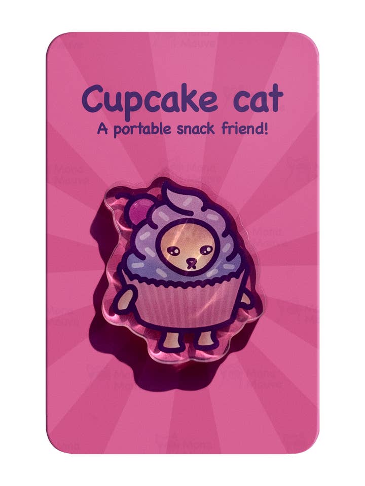 Cupcake Cat Pin | Snack Cats Collection | 40mm Acrylic Badge for wholesale by Mona Mauve • Silly Art!