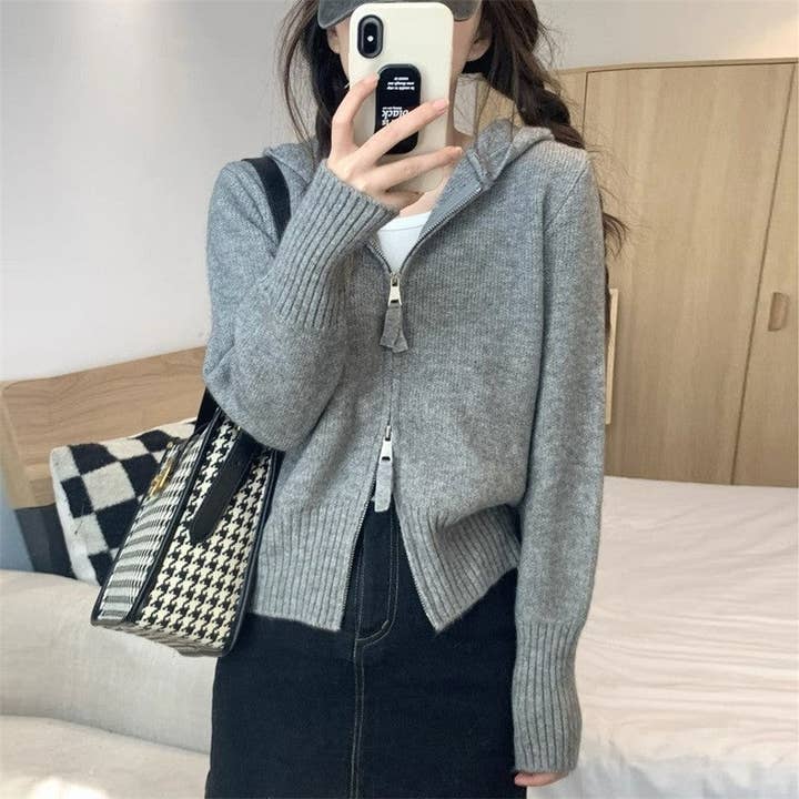 UZ Wholesale Store - Wholesale Hoodie - Women's - Solid Color Short Hoodie With Double Zippers-Knit Sweater