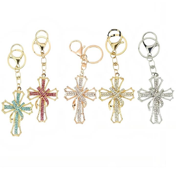 Diacly - Wholesale Keychain - Unisex - 12pk Cross Rhinestone Keychain Bag Charm Multi