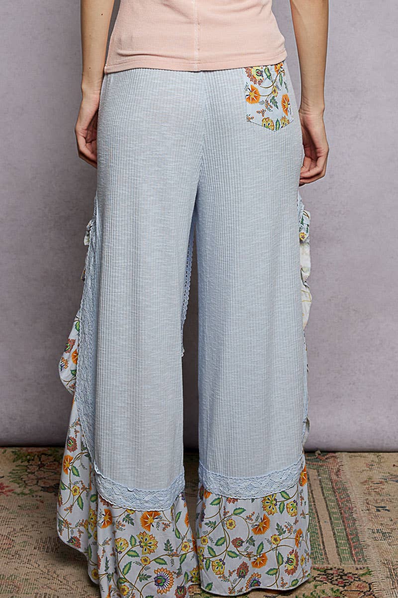 Pol Clothing - Wholesale Pants - Women's - Floral Pattern Ruffle Detail Ribbed Knit Pants2