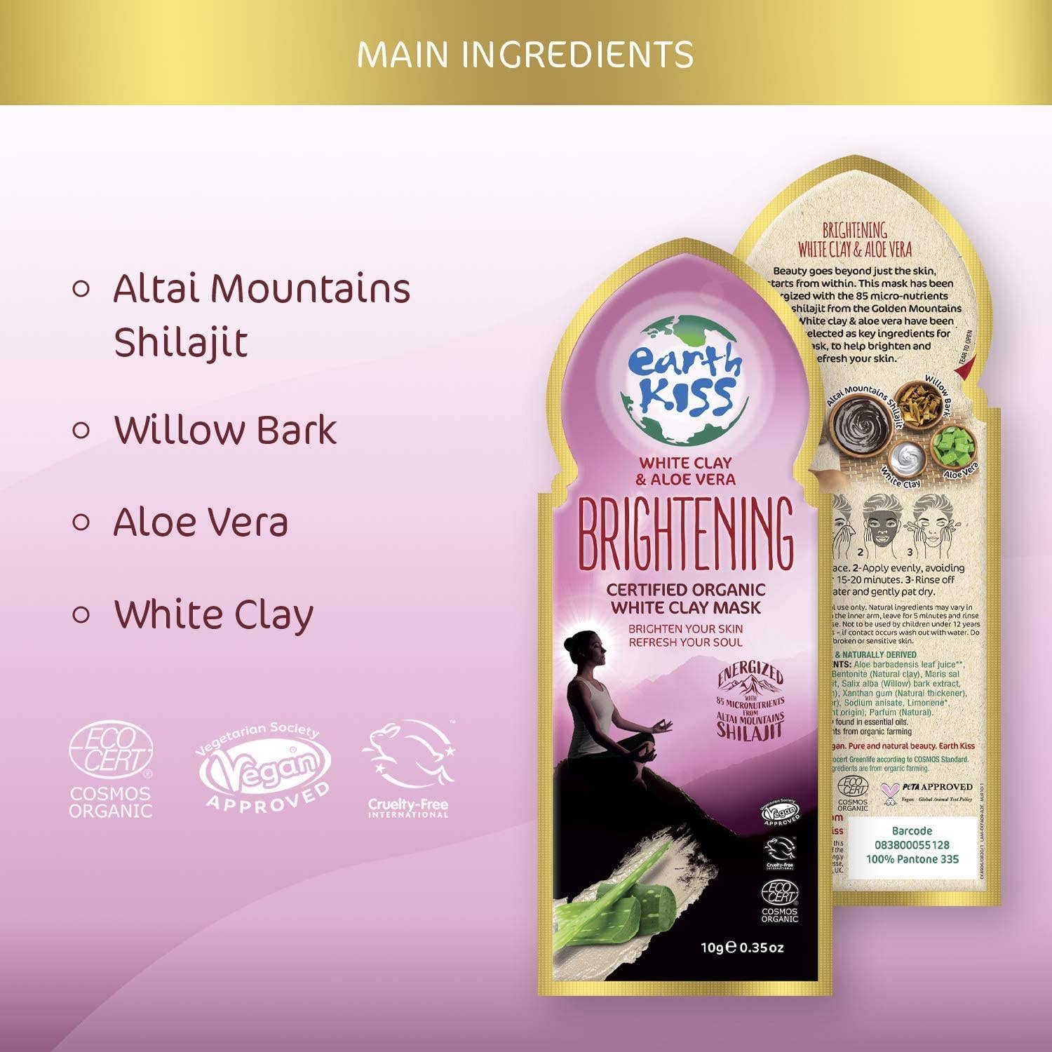 Beauty Goddess – wholesale Skincare face mask – Earth Kiss Inspirations Brightening Organic White Clay Mask with Shilajit, White Clay and Aloe Vera to Brighten Your Skin, 10g2
