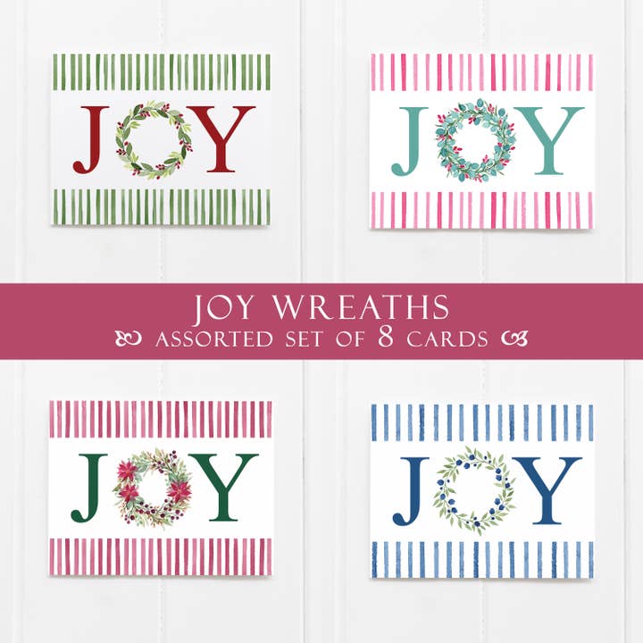 Joy Wreath Assorted Holiday Greeting Card for wholesale by Elizabeth Denniston Design