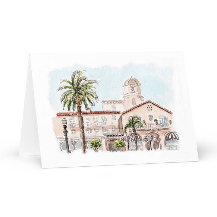 Carte de vœux Pink Lady La Jolla – Scène de l'Hôtel La Valencia pour la vente par Swil Arts