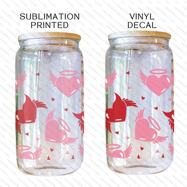 Sayers & Co. - Wholesale Drinking Glass/Cup - 16oz Valentine's Day Angel and Devil Hearts Glass Cup with Bamboo Lid & Straw #100089