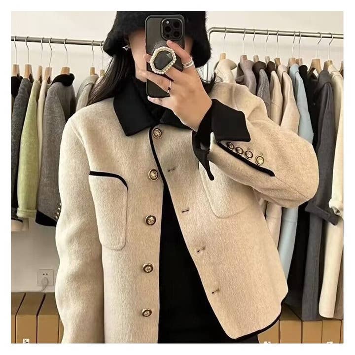 Fashionable Color Block Lapel Woolen Short Jacket for wholesale by UZ Wholesale Store