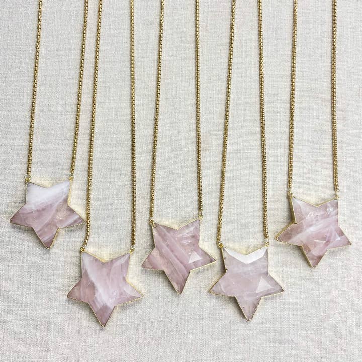 Large Rose Quartz Faceted Star Statement Necklace for wholesale by Ewelina Pas Jewelry